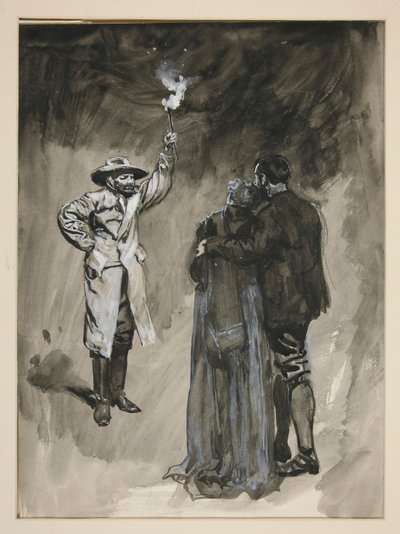 Couple confronté dans la rue par un homme tenant une torche - illustration non identifiée - Edwin Austin Abbey