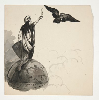 Figure de la Liberté debout sur un globe avec un aigle (recto); Chariot Conestoga dans un paysage (verso) - Edwin Austin Abbey