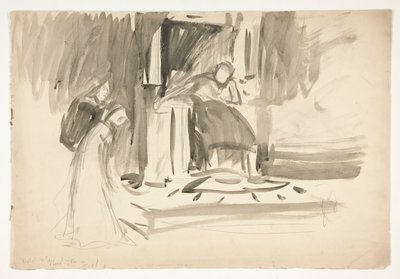 Figure sur un trône, flanquée de deux figures, croquis pour une pièce de Shakespeare non identifiée - Edwin Austin Abbey