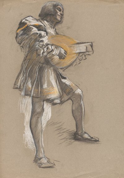 Figure avec mandoline en costume médiéval - Edwin Austin Abbey