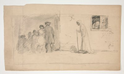 Groupe de figures devant une maison en pierre - illustration non identifiée - Edwin Austin Abbey