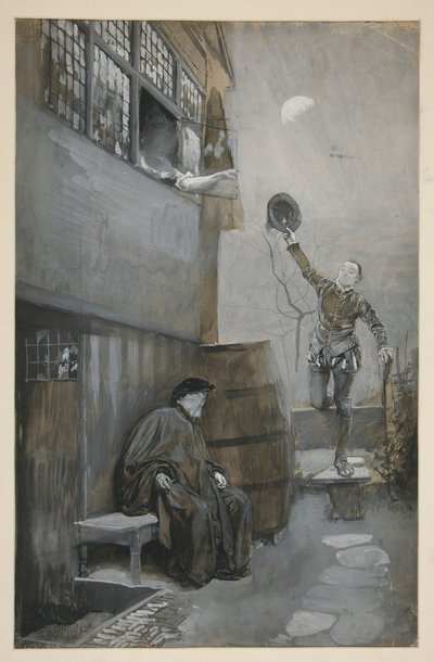 Esquisse pour Rendez-vous nocturne - 3 figures : deux hommes, une femme - Edwin Austin Abbey