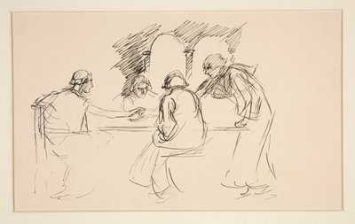 Esquisse de quatre hommes en costume médiéval à une table - illustration non identifiée, possiblement pour - Edwin Austin Abbey