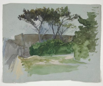 Étude de paysage avec arbres et mur de pierre - Edwin Austin Abbey