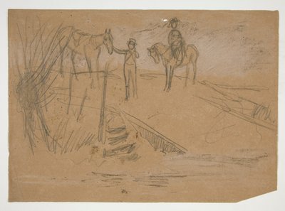 Deux hommes et deux chevaux dans un paysage - illustration non identifiée - Edwin Austin Abbey