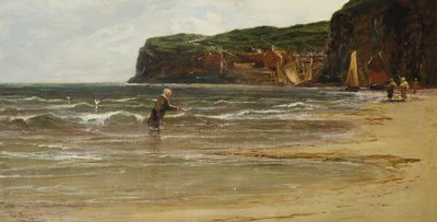 Vue côtière avec une femme pêchant des crevettes, vers 1900 - Edwin Ellis