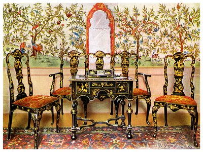 Canapé en laque noire, chaises et table et miroir en laque rouge, 1910 - Edwin Foley