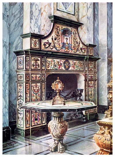 Cheminée et table en mosaïque florentine colorée, 1910 - Edwin Foley