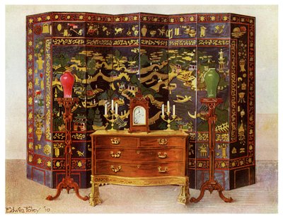 Commode courbée et paravent chinois laqué à huit panneaux, 1911-1912 - Edwin Foley