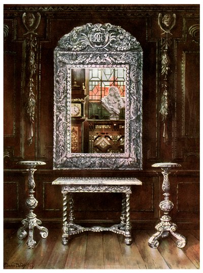 Miroir, guéridons et table recouverts de plaques d