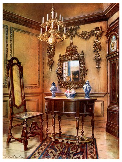 Boiseries, cadre de miroir, table en noyer et chaise, horloge haute en noyer de Charles Wesley, 1910 - Edwin Foley