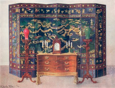 Commode courbée--Chippendale sous influence française. Paravent à huit panneaux incisés et laqués--Chinois - Edwin John Foley