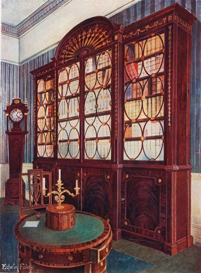 Bibliothèque en acajou incrusté. Table centrale en acajou. Horloge haute en acajou - Edwin John Foley