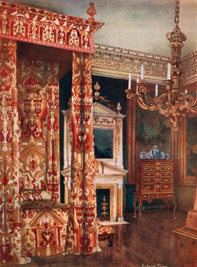 Lit de la reine Anne. Commode sur pied. Candélabre en bois - Edwin John Foley