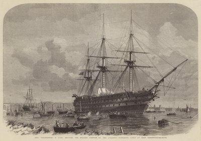 HMS Agamemnon, 91 canons, chargeant la portion anglaise du câble sous-marin atlantique à East Greenwich - Edwin Weedon