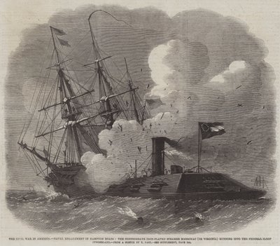 La guerre civile en Amérique, engagement naval à Hampton Roads, le vapeur cuirassé confédéré Merrimac (ou Virginia) percutant la goélette fédérale Cumberland - Edwin Weedon
