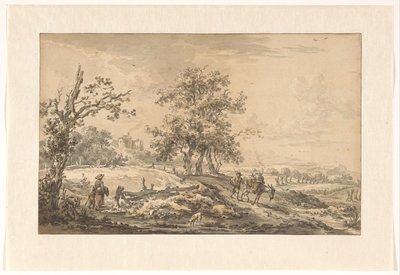 Femme avec enfant et homme avec âne dans un paysage - Egbert van Drielst