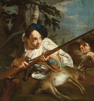 Chasseurs se reposant avec du gibier mort dans un paysage boisé - Egidio (attr.to) Dall
