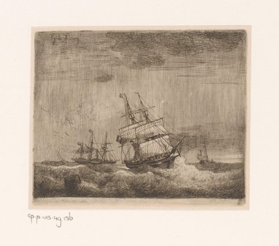 Voiliers et un bateau à vapeur à roues sur la mer - Egidius Linnig