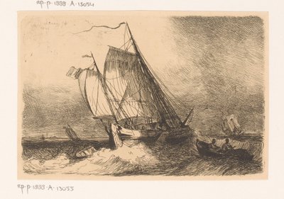 Voiliers et une barque sur une mer agitée - Egidius Linnig
