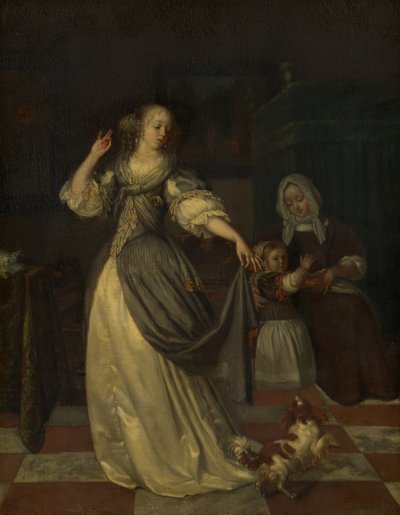 Dame jouant avec un chien - Eglon van der Neer