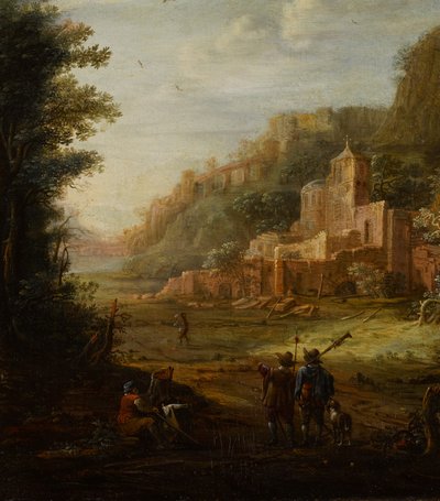 Paysage boisé avec deux chasseurs à l