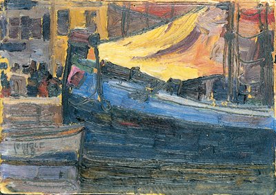 Bateaux ancrés avec un mur de maison en arrière-plan, 1908 - Egon Schiele