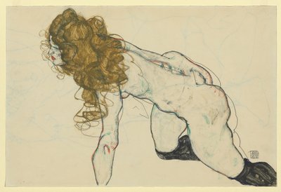 Nu féminin accroupi avec cheveux blonds et bras gauche reposant (recto) - Egon Schiele