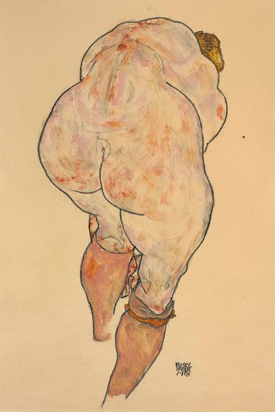 Femme nue remontant ses bas, vue de dos, 1918 - Egon Schiele