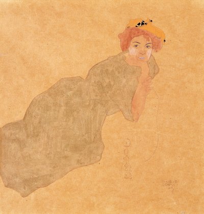 Fille en robe olive avec bras appuyé - Egon Schiele