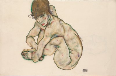 Nu de jeune fille accroupie - Egon Schiele