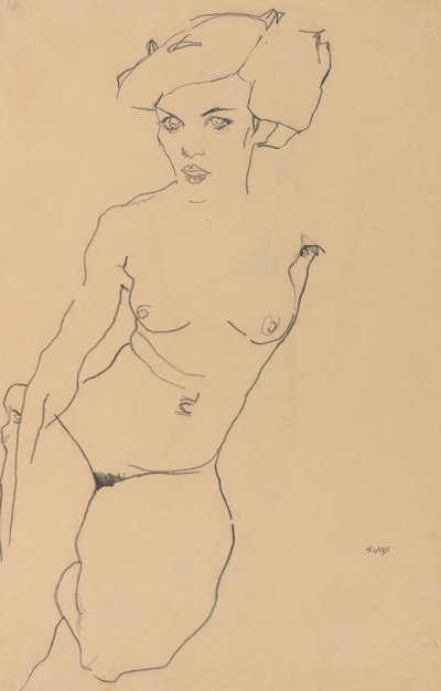 Nu féminin agenouillé - Egon Schiele