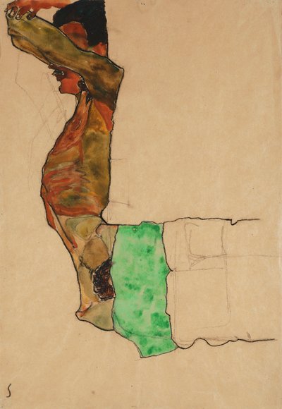 Nu masculin allongé avec un tissu vert - Egon Schiele