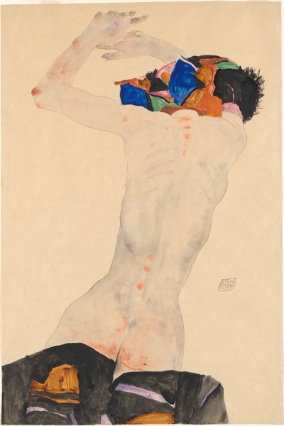 Nu de dos avec un tissu coloré - Egon Schiele