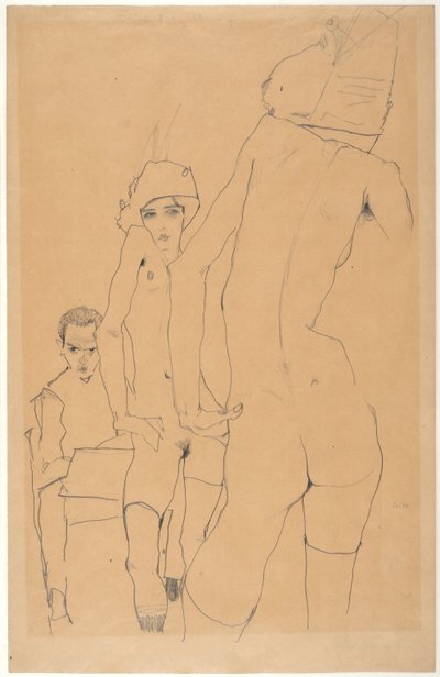 Schiele avec modèle nu devant le miroir - Egon Schiele