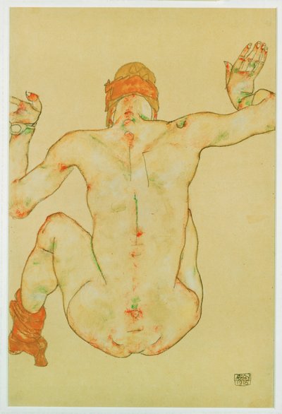 Nu féminin assis, vue de dos (gouache, aquarelle  crayon) - Egon Schiele