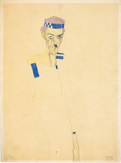 Autoportrait avec bandeau à carreaux bleus, 1909 - Egon Schiele