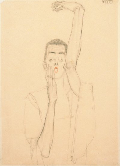 Autoportrait avec un bras levé et une bouche rouge - Egon Schiele