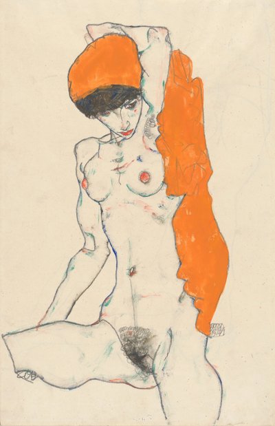 Nu debout avec draperie orange - Egon Schiele