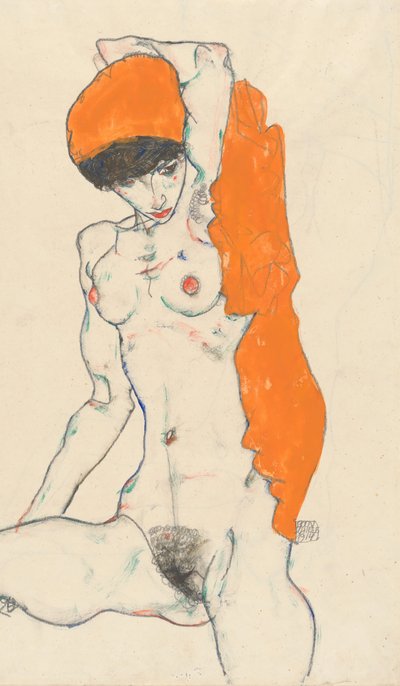 Nu debout avec draperie orange recto : Étude de nu avec bras levés verso, 1914 - Egon Schiele