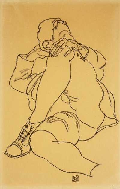 Jeune homme allongé avec la tête reposant sur sa jambe croisée, 1918 - Egon Schiele