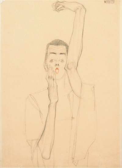 Jeune homme avec un bras levé et une bouche rouge, 1909 - Egon Schiele