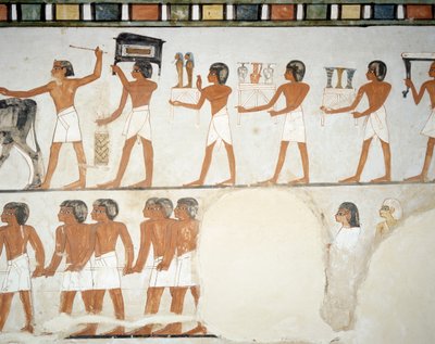 Procession funéraire, détail des fresques dans la chapelle de la tombe de Menna, Nécropole de Sheikh Abd el Qurnah, Louxor, Thèbes (Liste du patrimoine mondial de l