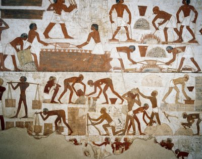 Traitement des métaux et fabrication de briques, détail des fresques dans la Tombe de Rekhmire, Nécropole de Sheikh Abd el Qurnah, Louxor, Thèbes (Liste du patrimoine mondial de l