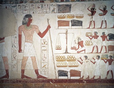 La pesée du cuivre, fresque, Tombe de Userhat, tuteur et scribe sous le règne d