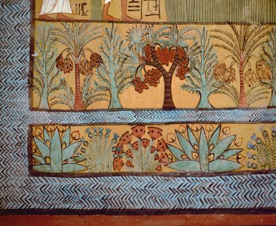 Arbres, cactus et plantes dans une peinture religieuse de la chambre funéraire voûtée de Sennedjem (No - Egyptian 18th Dynasty