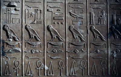 Bas-relief avec hiéroglyphes représentant le dieu Horus sous forme de faucon et ankh, symbole de la vie, Temple de Séthi Ier, ou Grand Temple d