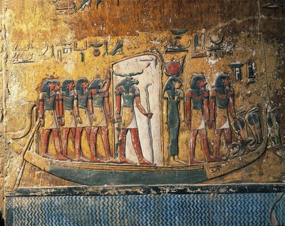 Égypte, Louxor, Thèbes antique, Vallée des Rois, Tombeau de Séthi Ier, fresques représentant le bateau solaire avec le dieu à tête de bélier - Egyptian 19th Dynasty