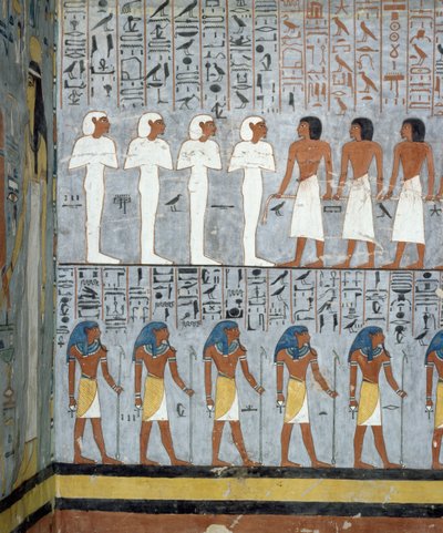 Momies et figures masculines, détail des fresques dans la chambre funéraire de la Tombe de Ramsès I, Vallée des Rois, Louxor, Thèbes (Liste du patrimoine mondial de l