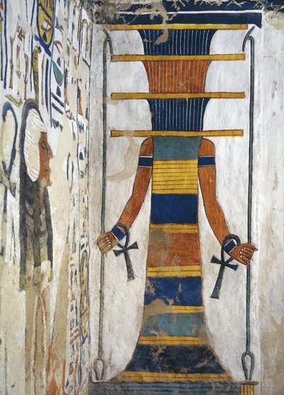 Osiris en tant que pilier djed tenant un sceptre was dans chaque main et avec un ankh sur chaque poignet (détail) - Egyptian 19th Dynasty